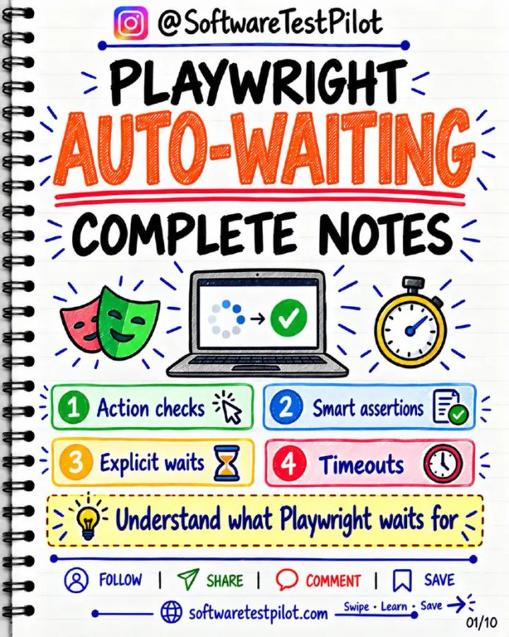 First-page preview of Playwright Auto-Waiting Complete Notes (Instagram Carousel)