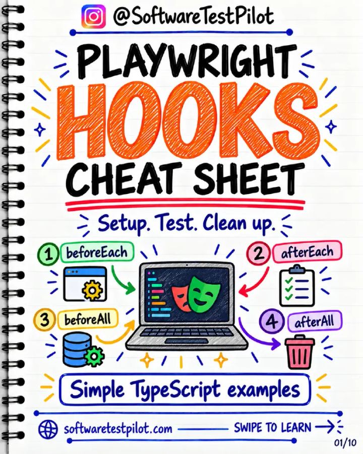 First-page preview of Playwright Hooks Cheat Sheet (Instagram Carousel)